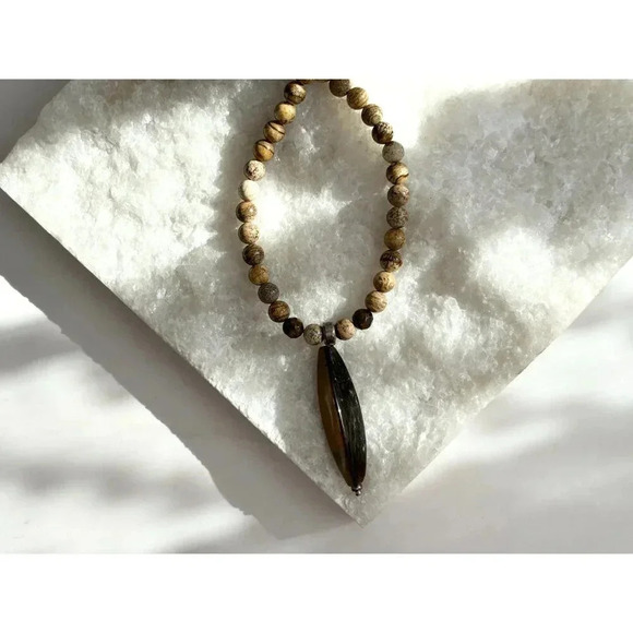 Tiger's Eye Agate Beaded Vintage Long Hand Strung Vintage Pendant Necklace - 16" - Picture 8 of 10
